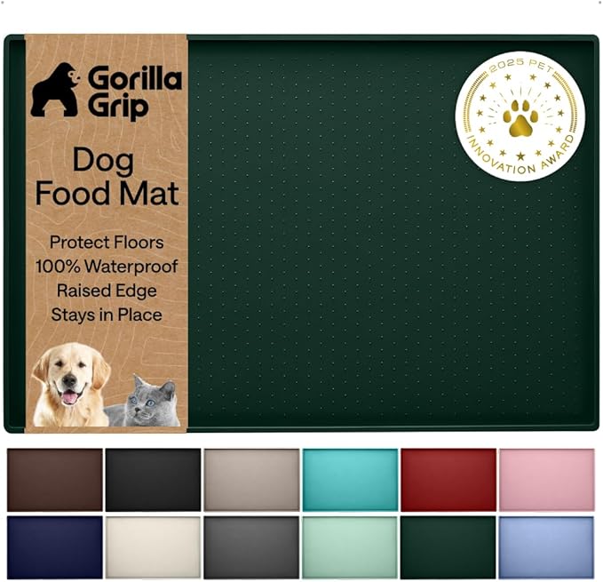 GORILLA GRIP 100% Waterproof Raised Edge BPA Free Silicone Pet Feeding Mat, Dog Cat Food Mats Contain Spills Protects Floors, Placemats for Cats and Dogs Water Bowl, Pets Accessories 32x24 Green