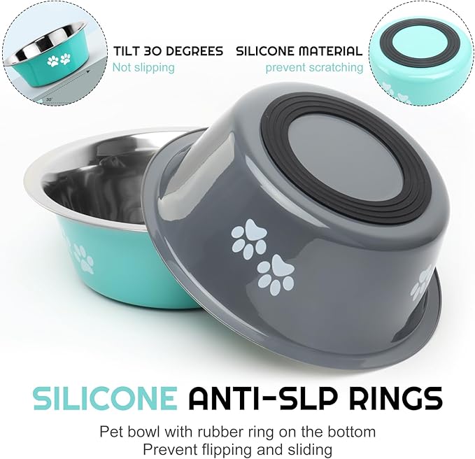 Stainless Steel Dog Bowls 2 Pack Large Extra Large Dogs Feeding Food Water Bowl with Non-Slip Silicone Sole, Dog Dishes Elevated Raised Pet Feeder(Green+Grey, XL(8.5 Cups)
