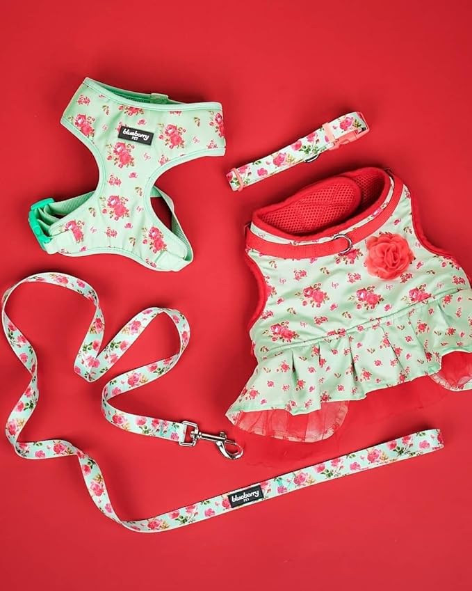 Blueberry Pet Soft & Comfy Spring Scent Inspired Floral No Pull Mesh Puppy Dog Costume Harness Dress, Turquoise, Chest Girth 14"-16", X-Small, Adjustable Harnesses for Dogs