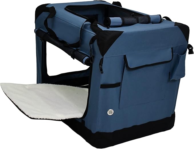 EliteField 4-Door Folding Soft Dog Crate with Curtains, Carrying Bag and Fleece Bed (2 Year Warranty), Indoor & Outdoor Pet Home (36" L x 24" W x 28" H, Blue Gray+4 Door Curtains)