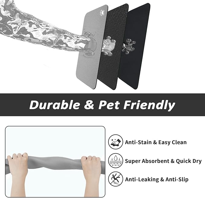 HotLive Dog Food Mat - Absorbent Cat Mat for Food and Water, No Stains Pet Feeding Bowl Mat, Easy to Clean Pet Placemats, Quick Dry Dog Water Dispenser Mat for Messy Drinkers | Paw Grey 24"x 36"