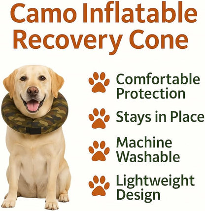 Comfy-K9 Camo Cone - Inflatable Dog Cone with Soft Camouflage Design, Adjustable Blow Up Donut, Machine Washable, Medium Size Collar for Comfortable & Stylish Pet Recovery