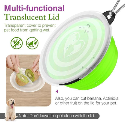 Pawaboo Collapsible Dog Bowls 2 Pack, Silicone Feeding Watering Bowls with Lids & Carabiners for Dogs Cats, Portable Water Feeder Food Bowl for Walking Traveling Home Use, 1000ml, Pink + Green