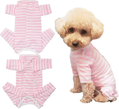 Dog’s Recovery Suit Post Surgery Shirt for Puppy, Full Coverage Dog's Bodysuit Wound Protective Surgical Clothes for Small and Medium Pets (Pink White Stripe-m)