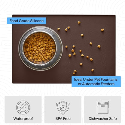 GORILLA GRIP 100% Waterproof Raised Edge BPA Free Silicone Pet Feeding Mat, Dog Cat Food Mats Contain Spills Protects Floors, Placemats for Cats and Dogs Water Bowl, Pets Accessories 16x10, Brown