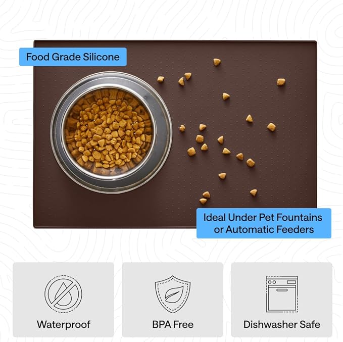 GORILLA GRIP 100% Waterproof Raised Edge BPA Free Silicone Pet Feeding Mat, Dog Cat Food Mats Contain Spills Protects Floors, Placemats for Cats and Dogs Water Bowl, Pets Accessories 23x15 Brown