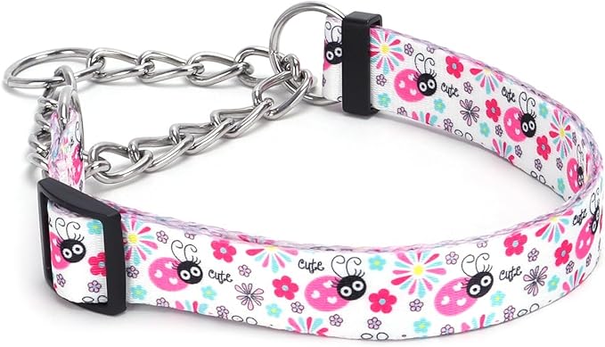 Martingale Dog Collar with Stainless Steel Chain - Limited Chain Cinch Training Collar for No Pull Training Dog - Flower Multicolor Cute Patterns - Premium No Slip Collar (HA12NO19, S)