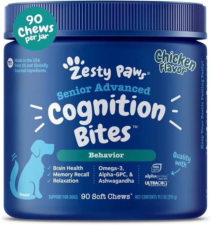 Zesty Paws Advanced Cognition Soft Chews for Dogs - with Omega 3 DHA, Ashwagandha & Alpha GPC - for Senior Dog Brain Health & Nervous System Support - Supplement for Calming & Relaxation - 90 Count