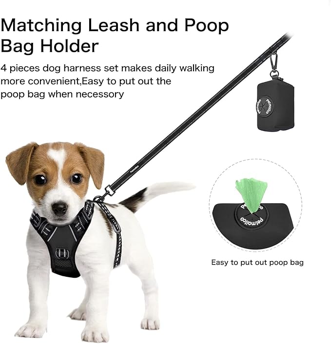 Petmolico No Pull Dog Harness Set with Leash Attachment Easy Control Handle Reflective Harness Vest Small Breed, Puppy Vest and Leash Set with Poop Bag Holder, Small - Black