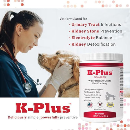 K-Plus Potassium Citrate + Cranberry Granules for Dogs & Cats – Vet-Approved UTI & Bladder Health Support – Helps Maintain Urinary Balance & Kidney Function – Easy-to-Use Granules – 60 Doses