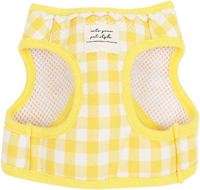 Country Chic Pet Harness and Leash Set, Gingham Pattern Breathable Mesh (Yellow, S(3.3-7.7 IBS)/(1.5-3.5 KG))