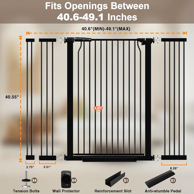 40.55" Extra Tall Baby Gate for Doorways, 40.6-49.1 in Wide Dog Gate Indoor, Walk Through Tall Pet Gates No Drilling, Pressure Mounted Child Safety Gate with Door for House Doggie, Black