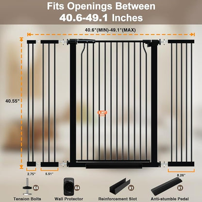 40.55" Extra Tall Baby Gate for Doorways, 40.6-49.1 in Wide Dog Gate Indoor, Walk Through Tall Pet Gates No Drilling, Pressure Mounted Child Safety Gate with Door for House Doggie, Black