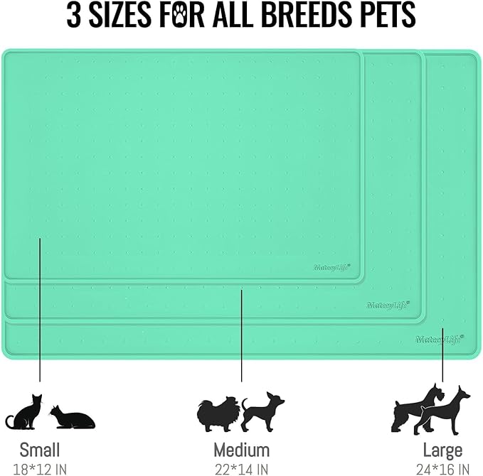 MateeyLife Dog & Cat Food Water Mat for Floors Waterproof, Nonslip Pets Bowl Feeding Mats with Raised Edges, Silicone Matt Tray for Messy Drinkers, 18"x12",MintGreen