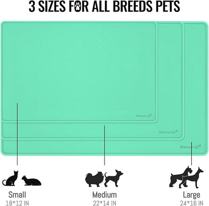 MateeyLife Dog & Cat Food Water Mat for Floors Waterproof, Nonslip Pets Bowl Feeding Mats with Raised Edges, Silicone Matt Tray for Messy Drinkers, 18"x12",MintGreen