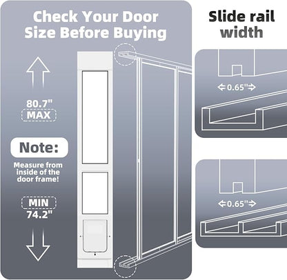 Dog Door for Sliding Glass Door with Magnetic Plastic Flat, Sliding Door Pet Doggie Door Insert with Lock, Adjustable Height No-Cut Required Doggy Door Access Renters, Apartments, Patio (White, L)