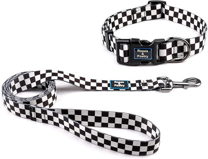 Roses&Poetry Dog Collar and Leash for Small,Adjustable Durable 5ft Puppy Leash Collar for Dog Training Lead（Black & White-S）