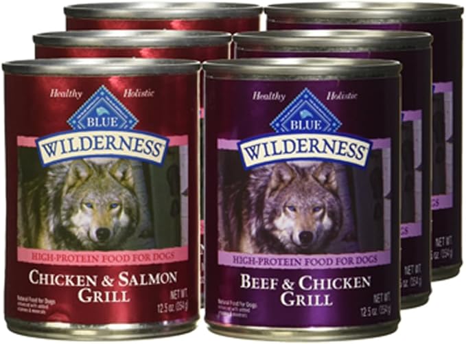 Blue Buffalo Wilderness High Protein Beef and Chicken & Salmon and Chicken Wet Dog Food Variety Pack for Adult Dogs,Grain-Free,12.5 oz Cans,(Pack of 12)