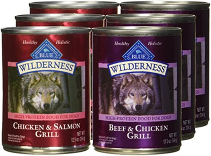 Blue Buffalo Wilderness High Protein Beef and Chicken & Salmon and Chicken Wet Dog Food Variety Pack for Adult Dogs,Grain-Free,12.5 oz Cans,(Pack of 12)
