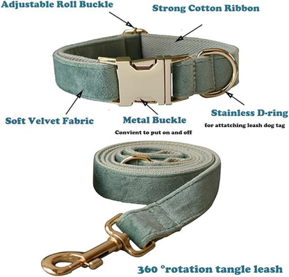 Love Dream Velvet Dog Collar and Leash Set, Soft & Comfy Adjustable Dog Leash and Collar with Heavy Duty Metal Buckle for Small Medium Large Dogs Training & Walking (Medium, Mint Green)