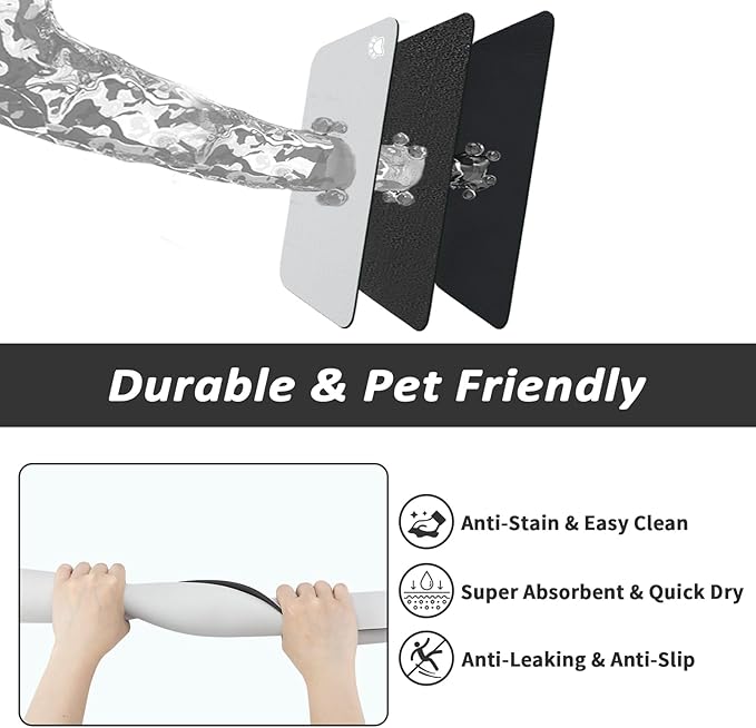 HotLive Dog Food Mat - Absorbent Cat Mat for Food and Water, No Stains Pet Feeding Bowl Mat, Easy to Clean Pet Placemats, Quick Dry Dog Water Dispenser Mat for Messy Drinkers | Paw Light Grey 18"x 28"
