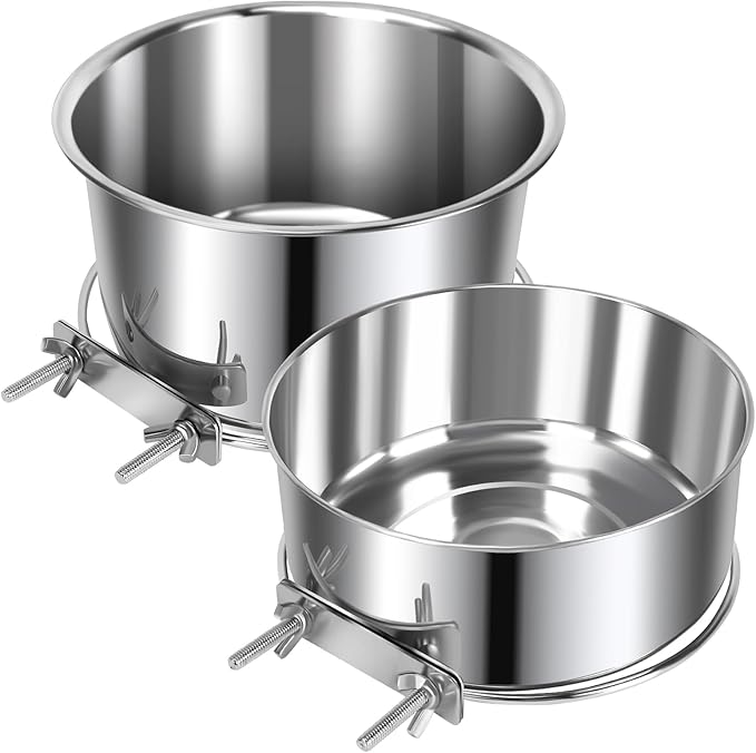 2 Pcs Large Pet Dog Food Water Bowl for Cage Stainless Steel Non-Spill Kennel Hanging Cats Bowls with Clamp Holder Crate Feeder Dish for Medium Large Dogs Huge Pets (7.1x3.7'' & 7.1x2.5'')