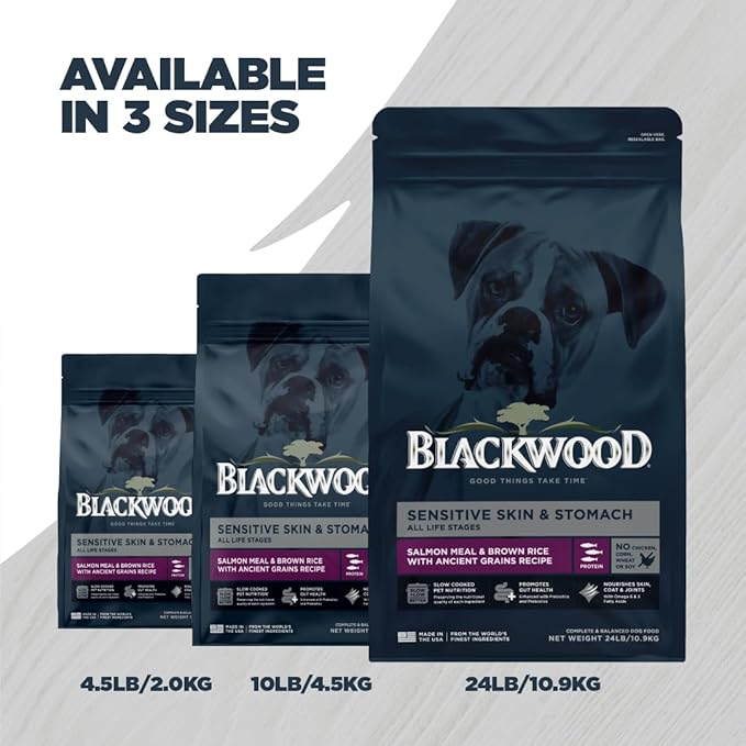 Blackwood Sensitive Skin & Stomach Dry Dog Food, Salmon Meal & Brown Rice with Ancient Grains, 10 Pound Bag with Prebiotics & Probiotics to Promote Gut Health