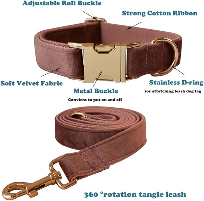 Love Dream Velvet Dog Collar and Leash Set, Soft & Comfy Adjustable Dog Leash and Collar with Heavy Duty Metal Buckle for Small Medium Large Dogs Training & Walking (Small, Dark Pink)