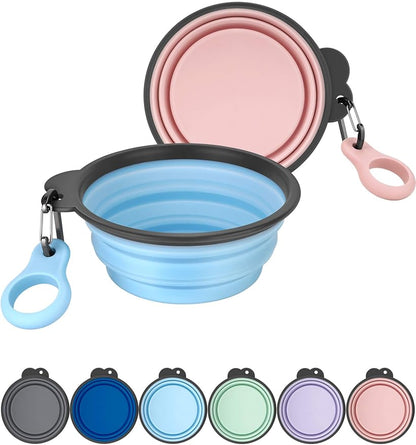Aonkey Collapsible Dog Bowls with Bottle Carrier, 2 Pack Travel Dog Water Bowl Upgraded Carabiner, One-Piece Molded Rim No Fall Off or Crack 37oz, Blue & Pink