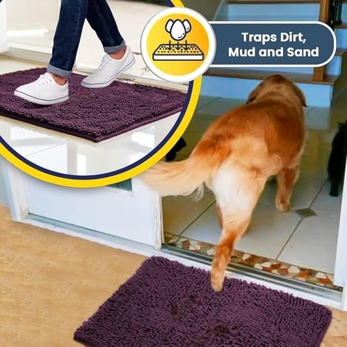 Muddy Mat® | Super Absorbent Door Mat Indoor, Microfiber Quick Dry Chenille Entryway Rug, Non-Slip Front Door Mat, Indoor Mats for Entryway, Machine Washable Pet Rug, Dark Purple 16"x24"
