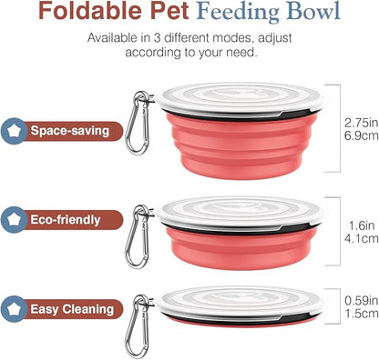 Pawaboo Collapsible Dog Bowls 2 Pack, Silicone Feeding Watering Bowls with Lids & Carabiners for Dogs Cats, Portable Water Feeder Food Bowl for Walking Traveling Home Use, 1000ml, Light Pink + Blue