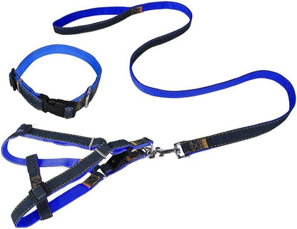 Denim Pet Dog Collar Harness Leash Set for Puppy Dog Cat, Adjustable Dog Harness Vest Collar Lead S/M/L/XL