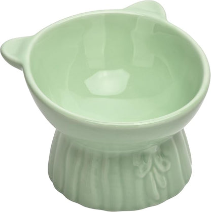 Elevated Cat Food Bowl,8 Oz Ceramic Raised and Tilted Water Bowl,Anti Vomiting and Protect Pets Spines Dishes for Fat Faced Cat, Indoor Cats,Kitten,Small Dog (Green)