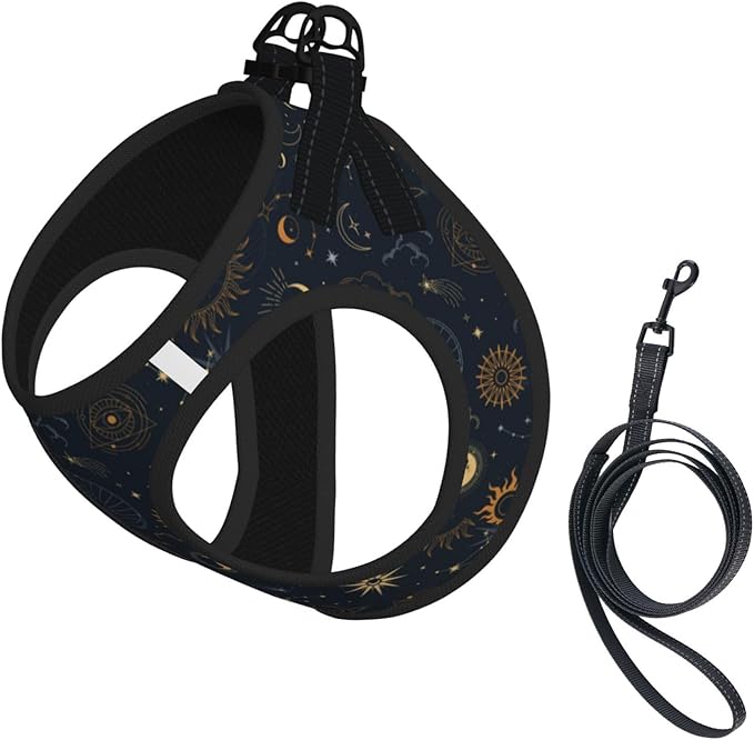 Dog Harness and Leash Set with Celestial Moon Star Pattern, Breathable Mesh Vest with Reflective Strips, Adjustable No Pull Pet Harness for Small Dogs and Cats Medium