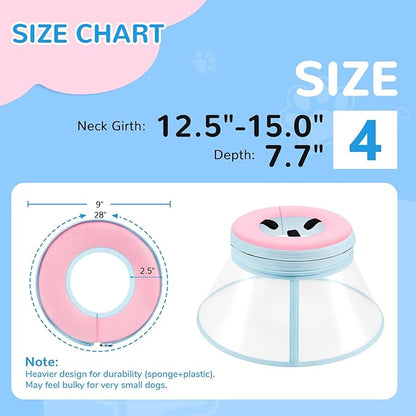 Sponge Core Dog Cone, Inflatable Dog Cone Collar Alternative, Dogs Donut Collar After Surgery, Soft Cone for Large Medium Small Dogs to Stop Licking, No Inflation Required, Clear View(Size 4, Pink)