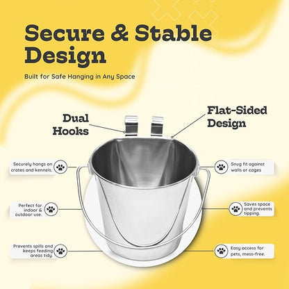 2 Quart Stainless Steel Flat Sided Bucket with Dual Hooks | 2 Pcs Durable Food & Water Bowl for Dog Cats Bird & Small Animals | Fits kennel Cage Crates Hanging Pet Pail | Multipurpose use