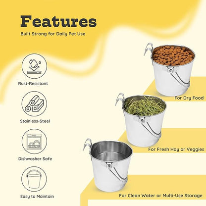 4 Quart Stainless Steel Flat Sided Bucket with Dual Hooks | 2 Pcs Durable Food & Water Bowl for Dogs Cats Goat & Livestock | Fits kennel Cage Critter Crate Hanging Pet Pail | Multipurpose
