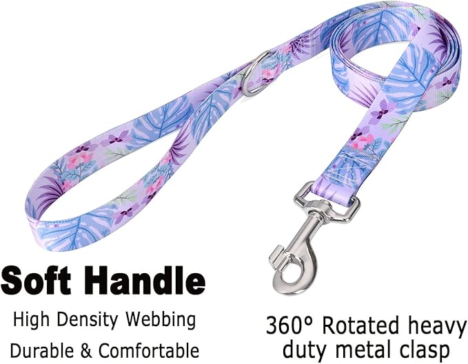 Mihqy Dog Collar and Leash Set with Bohemia Floral Tribal Geometric Patterns - Soft Ethnic Style Collar Adjustable for Small Medium Large Dogs(Purple Flower Flower Set,XS)