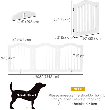 PawHut Freestanding Pet Gate for Dogs 24" Tall Foldable Dog Gates Indoor Wooden Barrier 3 Panels with 2 Support Feet, for Doorway Stairs, White