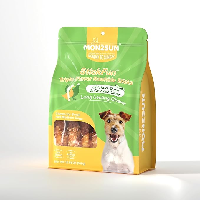 MON2SUN Dog Treats, Triple Flavor 5 Inch Chicken Liver Duck and Chicken Wrapped Rawhide Snacks for Small and Medium Dogs, 10.58 Oz (15 Count-Pack of 2)