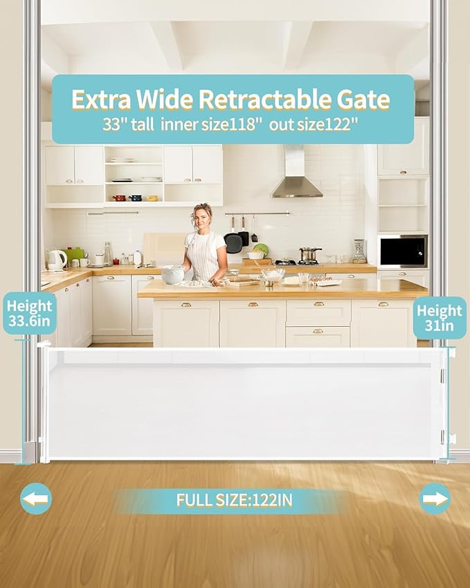 Retractable Baby Gate for Stairs – 33” Height, Expands up to 118” Width – Safety Gate for Infants, Toddlers, Dogs & Pets – Easy Install, Secure Closure, White Mesh Design for Indoor & Outdoor Use
