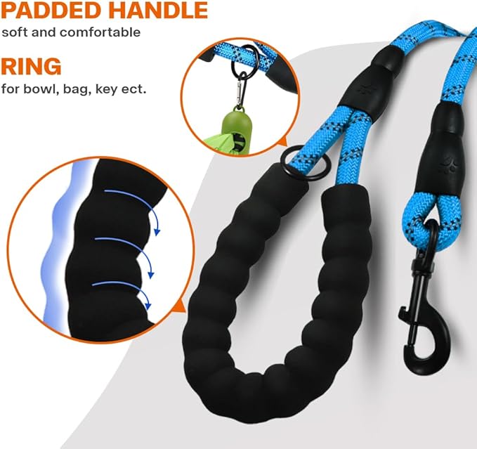 Taglory Rope Dog Leash 6 FT with Comfortable Padded Handle, Highly Reflective Threads Leash and Anti-Tangle Clip for Walking Small Dogs, 3/8 inch, Blue
