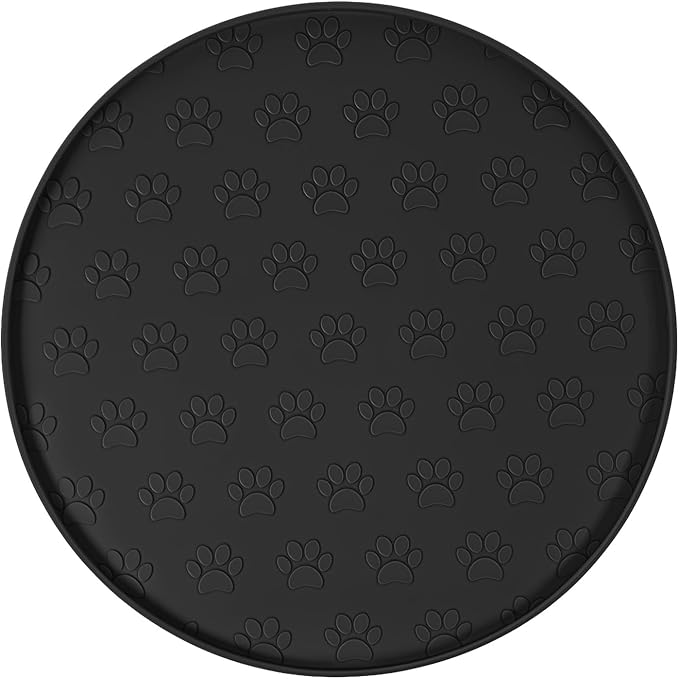 Silicone Dog Food Mat Small, 10.6'' Black Pet Food Mat, Round Dog Cat Foods Mats Small, Silicone Mats for Dogs Bowls, Waterproof Non-Slip Dogs Cat Water Bowl Placemat with Raised Edge