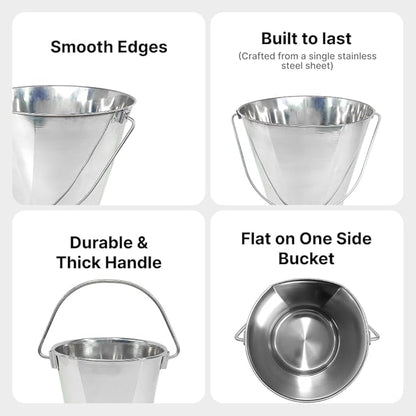 Heavy Duty Stainless Steel Bucket 13 Quart - 3 Gallon Flat Side Metal Bucket for Feeding & Watering Pets, Livestock & Cleaning - Perfect for Crates, Kennels, Cages & Hang on Fences