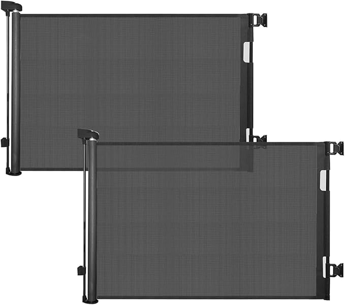 2PCS Retractable Baby Gates, Mesh Dog Gate for Doorways, 33.6" Tall, Expands to 55" Wide,Pet Safety Essential Fit for Baseboards, Wide Toddlers Gates for Hallways, Indoor & Outdoor,Black