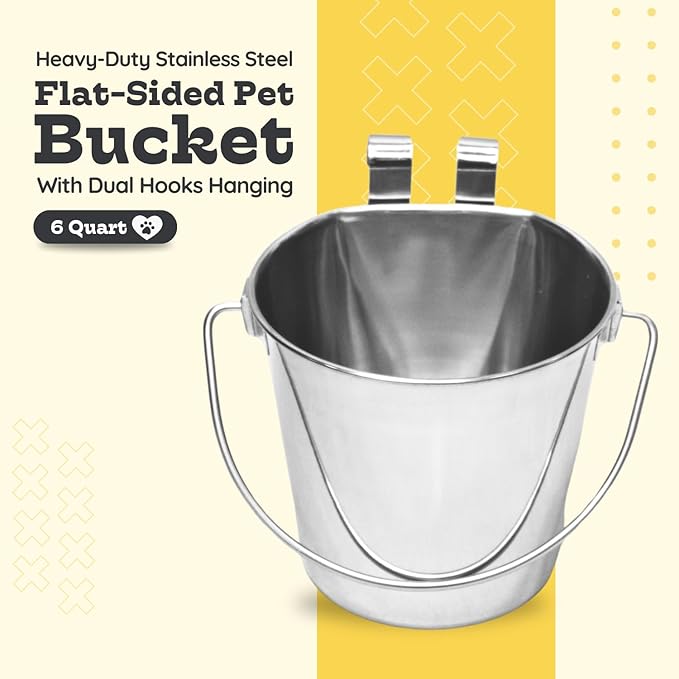 6 quart Stainless Steel Flat Sided Bucket with Dual Hooks | 1.5 gal Durable Food & Water Bowl for XL Dog Goat Sheep & Livestock | Fits kennel Cage Critter Crate | Hanging Utility Pet Pail
