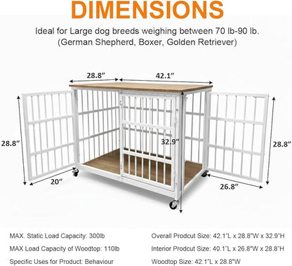 Boldbone 42 inch Dog Crate Furniture, Heavy Duty Dog Kennel Indoor for Large Dogs, Escape-Proof and Chew-Proof Wooden Dog Cage for high Anxiety Dog, Decorate House as TV Stand, End Table