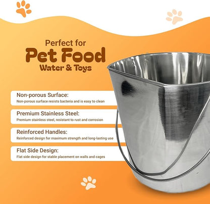 Advance Pet Products 2 Quart Heavy Duty Stainless Steel Flat Side Bucket | Durable Food & Water Pail for Dogs, Cats, Kennels, Cages and Critter Crates | Multi-Purpose Bucket