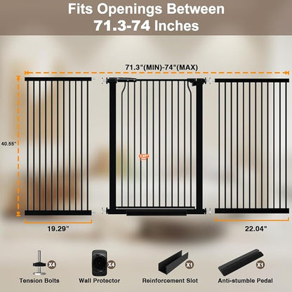 40.55" Extra Tall and Wide Baby Gate, 71.3-74 in Gates for Dogs Indoor with Door, Walk Through Long Pet Gate for Large Openings, Pressure Mounted Child Safety Gate for House Kid, Black
