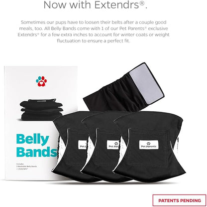 Pet Parents® Washable Belly Bands for Dogs (3pack) + Extendrs® Durable Dog Diapers - Premium Male Dog Diapers & Wraps (X-Small, Black)
